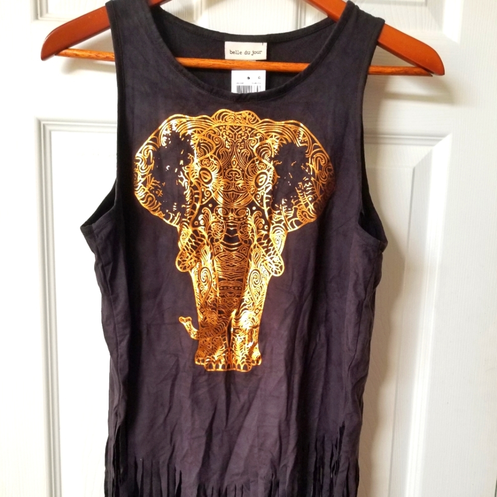 Microfiber, sleeveless, copper elephant, shredded bottom, slim fit top